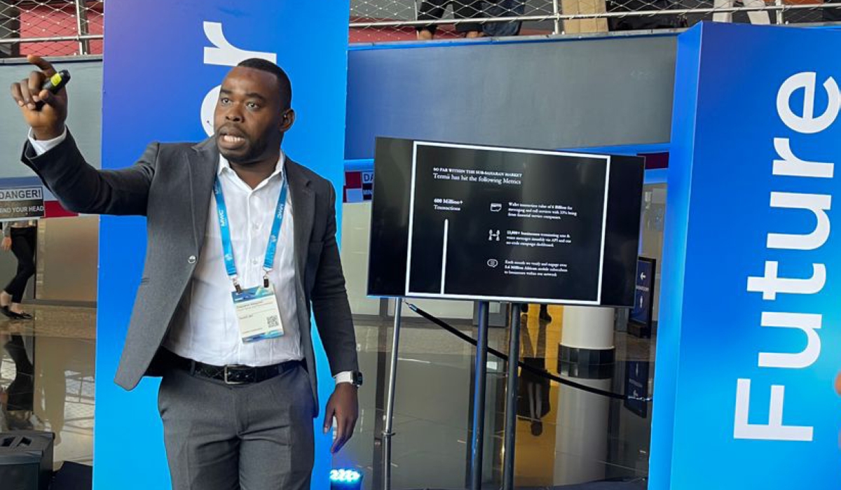 Termii’s salesperson, Olajuwon Abayomi, during his presentation at during the ongoing Mobile World Congress (MWC). He used a 20-minute speech to deliver an avid endorsement of the company. Photo by Nadia 