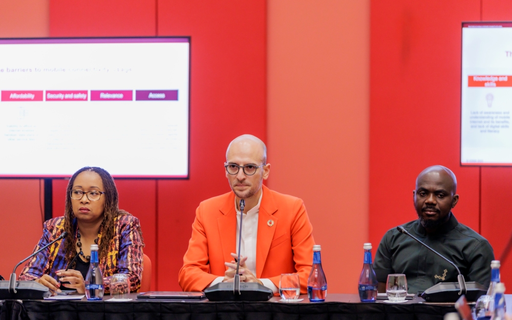 L-R: Angela Wamola, Head of Sub-Saharan Africa at GSMA, Max Cuvellier, Head of Mobile For Development, at GSMA and Saint Doe, MTN Rwanda’s Chief Consumer and Digital Officer during the GSMA media roundtable – Breaking Barriers: Closing The Usage Gap on Wednesday, October 18. COURTESY
