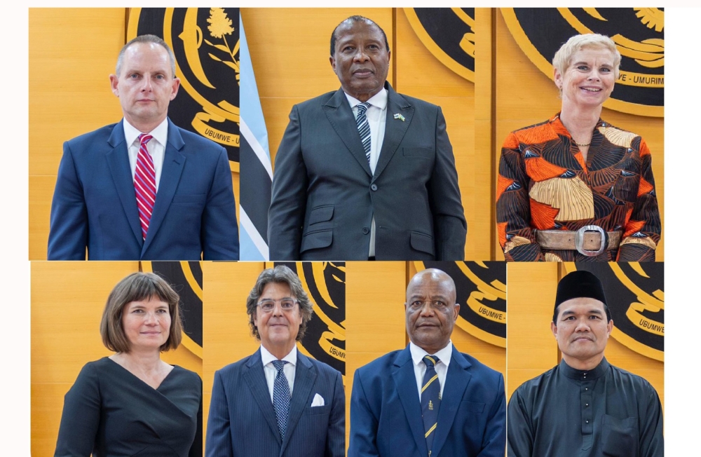 (L-R) The new envoys :  Ambassador Eric William Kneedler of the USA, High Commissioner Andrew Onalenna Sesinyi of the Republic of Botswana, Amb Joan Jacobje Jantina Wiegman of the Kingdom of the Netherlands, Ambassador Nicol Adamcová of the Czech Republic, Ambassador Jorge Moragas Sánchez of the Kingdom of Spain, High Commissioner Maj. Gen. Ramson Godwin Mwaisaka of the United Republic of Tanzania and High Commissioner Ruzaimi bin Mohamad of Malaysia. Photos by Village Urugwiro