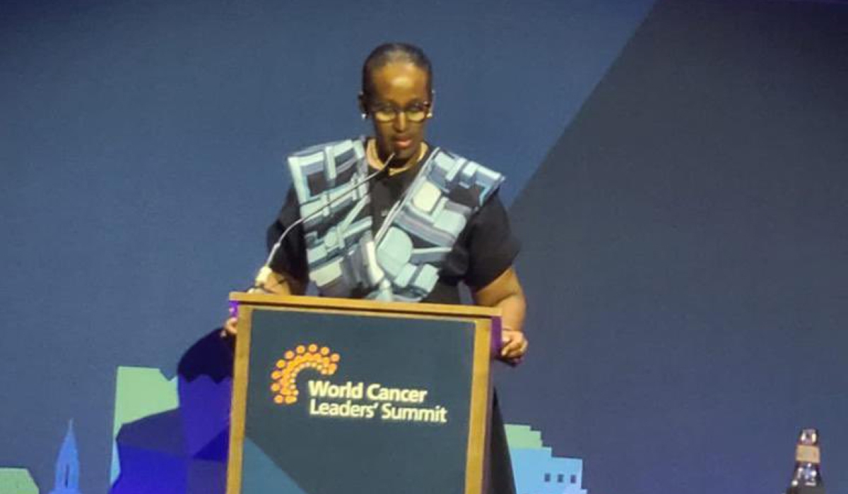 First Lady Jeannette Kagame delivers her remarks during the World Leaders’ Cancer Summit that  on Monday, October 16. Courtesy