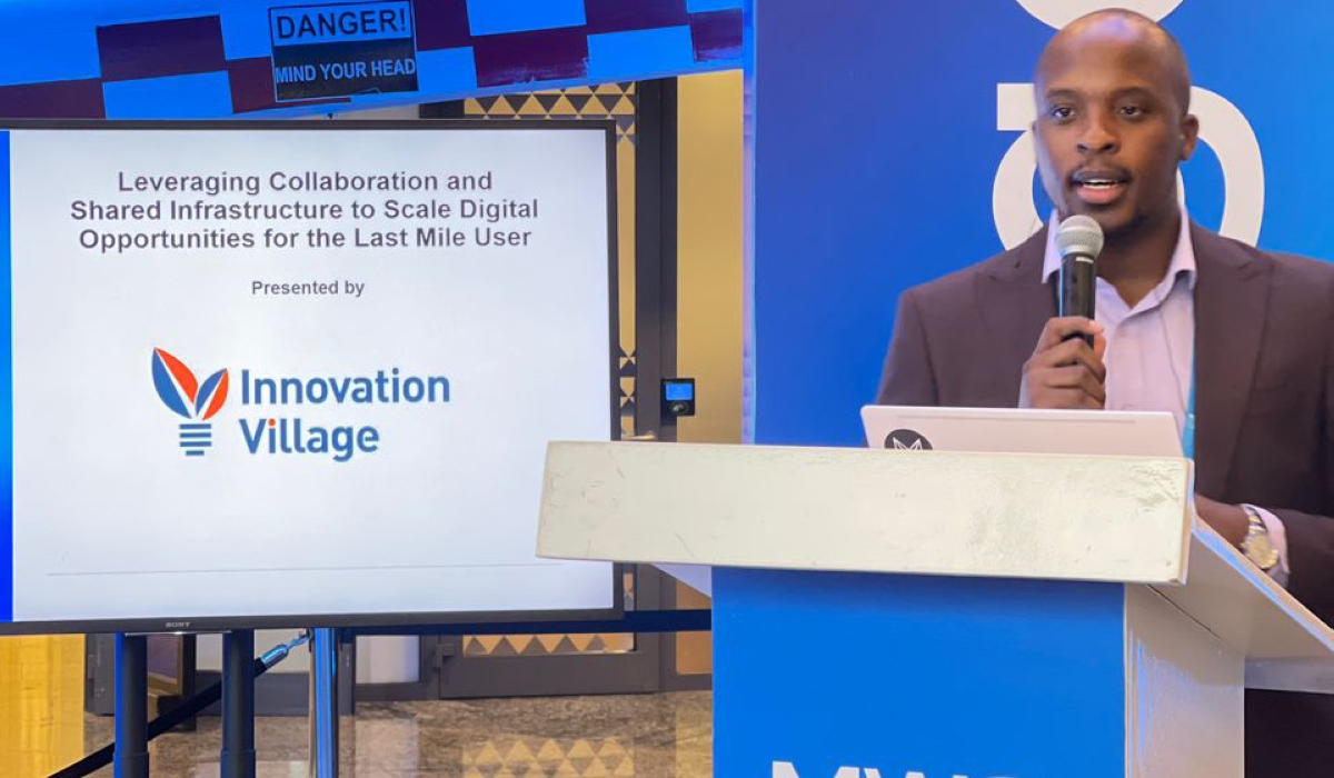 Arthur Mukembo, the Future Lab Studio Lead at The Innovation Village, while speaking from the Better Future Stage booth at the Mobile World Congress in Kigali, on Wednesday, October 18. Photo by Nadia