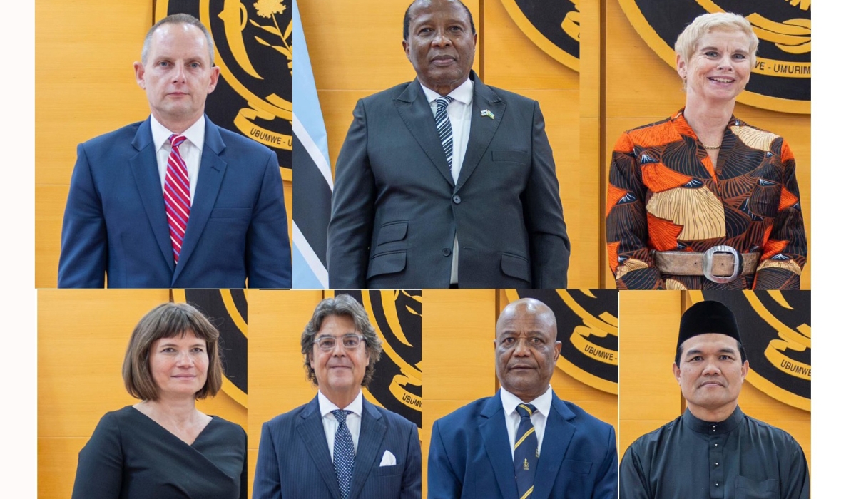 (L-R) The new envoys :  Ambassador Eric William Kneedler of the USA, High Commissioner Andrew Onalenna Sesinyi of the Republic of Botswana, Amb Joan Jacobje Jantina Wiegman of the Kingdom of the Netherlands, Ambassador Nicol Adamcová of the Czech Republic, Ambassador Jorge Moragas Sánchez of the Kingdom of Spain, High Commissioner Maj. Gen. Ramson Godwin Mwaisaka of the United Republic of Tanzania and High Commissioner Ruzaimi bin Mohamad of Malaysia. Photos by Village Urugwiro