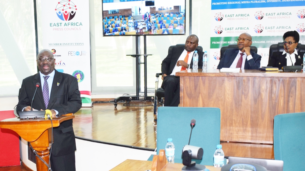 EAPC Secretary and Chief Executive Officer of the Media Council of Kenya, David Omwoyo speaks during the launch of  the East Africa Press Council in Arusha, Tanzania on Thursday, October 19. Courtesy