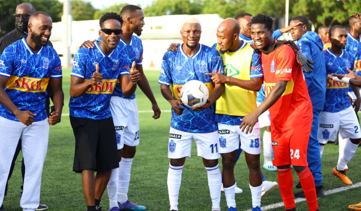 Rayon Sports striker Heritier Luvumbu and teammates celebrate his three goals against Sunrise at Kigali Pele Stadium on October 21. PHOTOS BY CHRISTIANNE MURENGERANTWARI