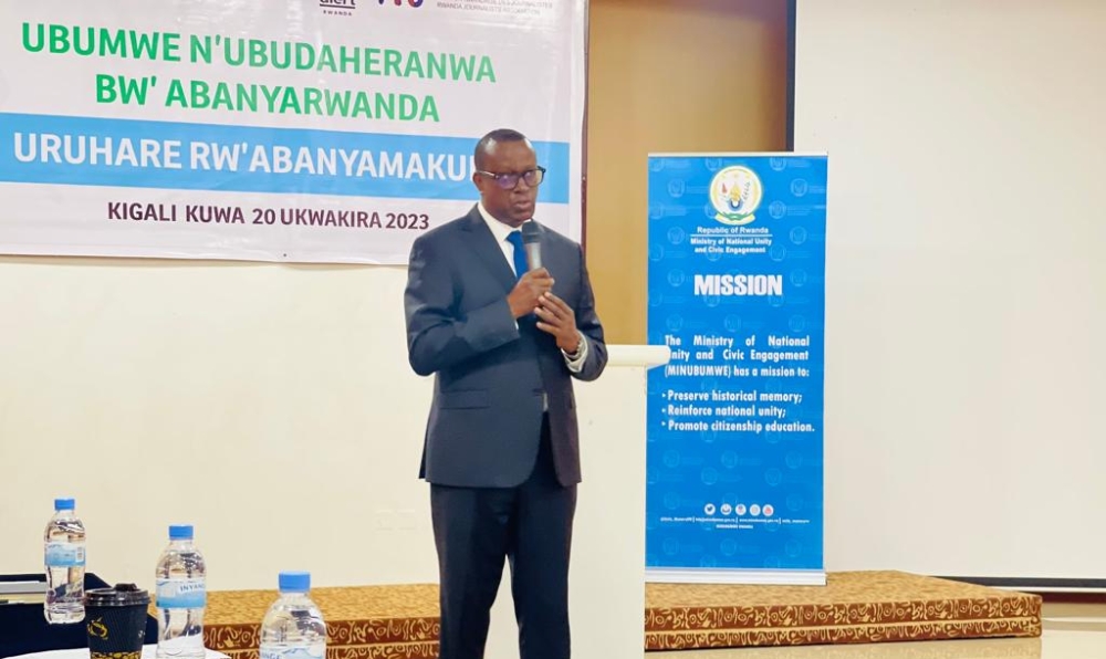 The Minister of National Unity and Civic Engagement, Jean Damascene Bizimana speaks at a consultative session with media on October 20. Emmanuel Ntirenganya