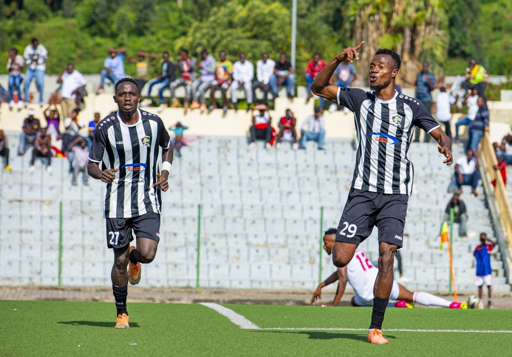 APR FC&#039;s red-hot striker Victor Mbaoma celebrates with teammate after scoring a brace to beat Etincelles 3-0 at Umuganda Stadium in Rubavu on Sunday. Courtesy