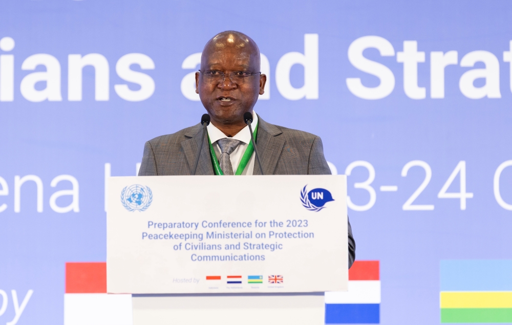 Minister of Defence Juvenal Marizamunda delivers remarks at  the opening of the preparatory conference for the 2023 Peacekeeping Ministerial on Protection of Civilians and Strategic Communications. PHOTOS BY OLIVIER MUGWIZA