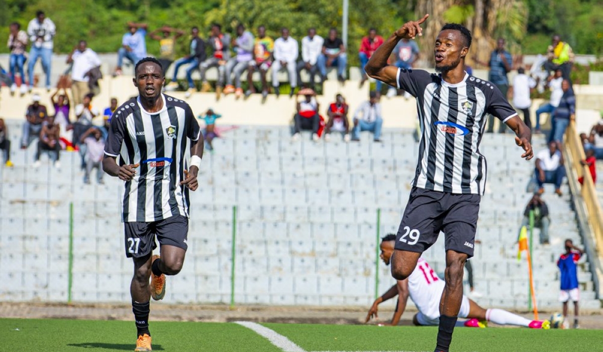 APR FC&#039;s red-hot striker Victor Mbaoma celebrates with teammate after scoring a brace to beat Etincelles 3-0 at Umuganda Stadium in Rubavu on Sunday. Courtesy