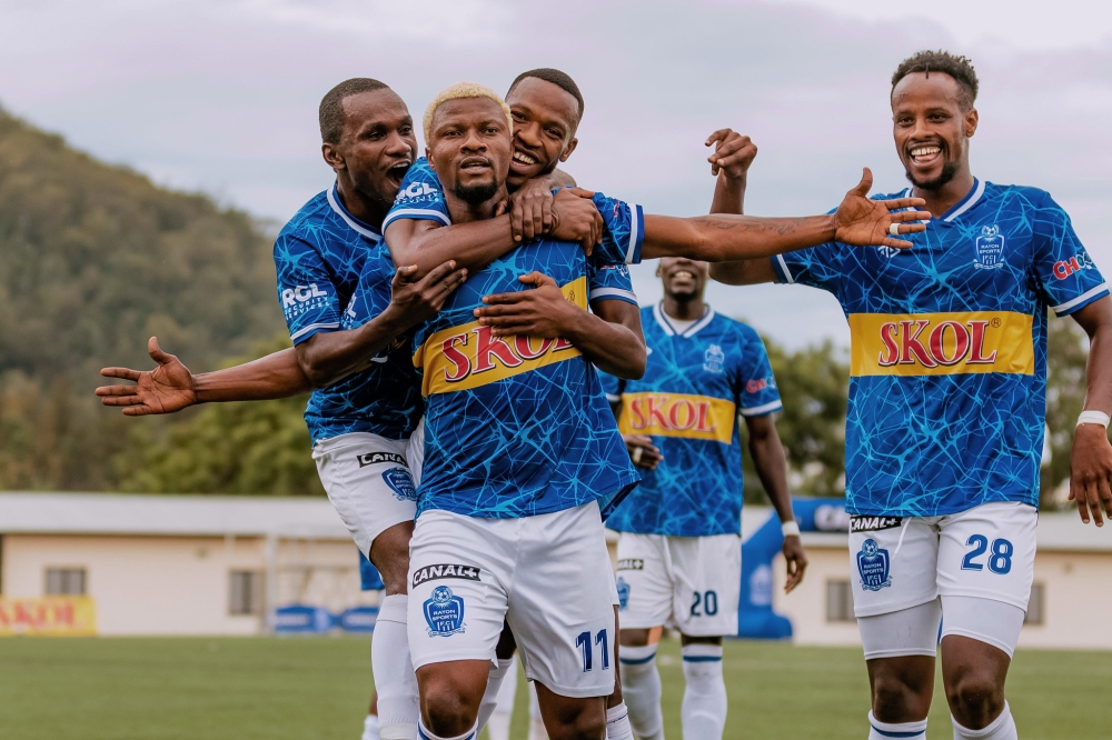 Hat trick scorer Heritier Luvumbu with teammates celebrate the goal as they beat Sunrise FC 3-0 at Kigali Pele Stadium on Saturday. Photo by Christianne Murengerantwari