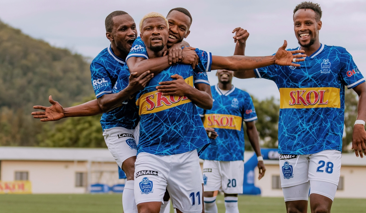 Hat trick scorer Heritier Luvumbu with teammates celebrate the goal as they beat Sunrise FC 3-0 at Kigali Pele Stadium on Saturday. Photo by Christianne Murengerantwari
