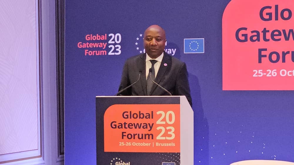 Prime Minister Edouard Ngirente delivers remarks at  the opening ceremony of the Global Gateway Forum 2023 in Brussels, Belgium on Wednesday, October 25. Courtesy 