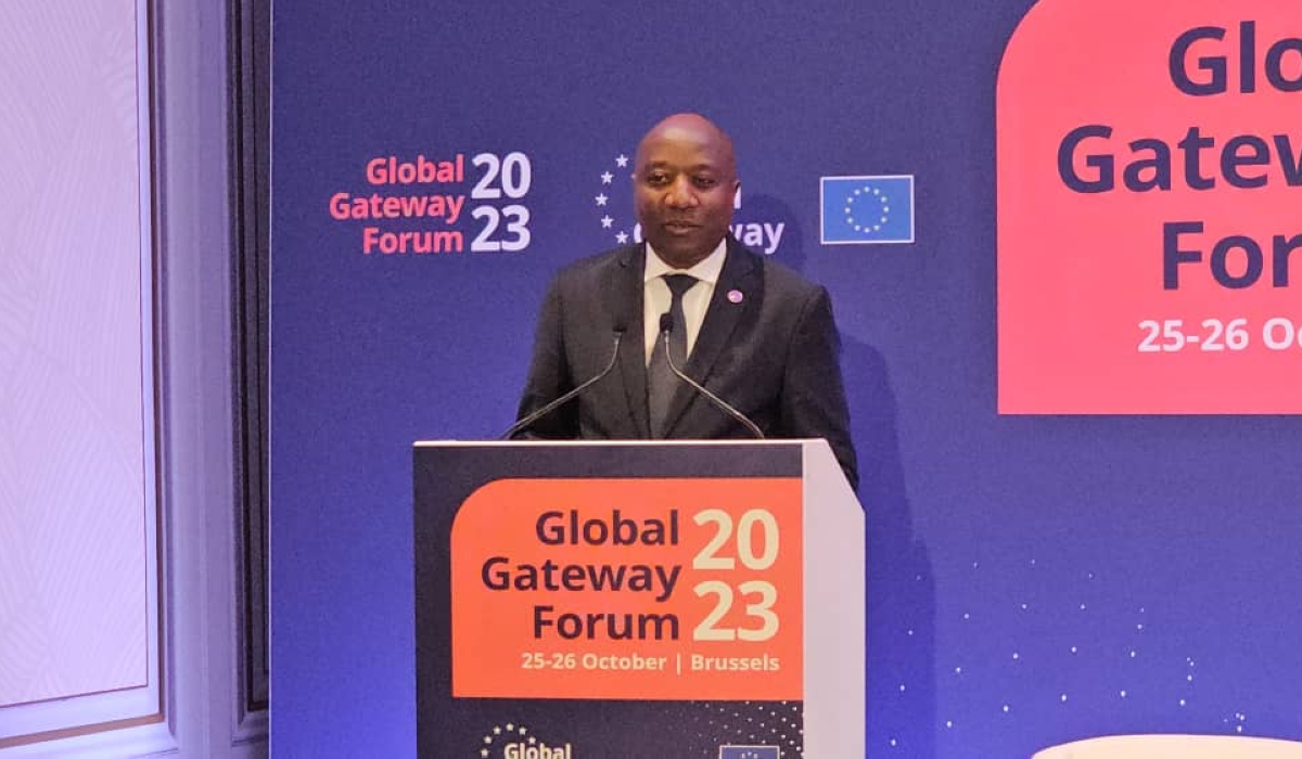 Prime Minister Edouard Ngirente delivers remarks at  the opening ceremony of the Global Gateway Forum 2023 in Brussels, Belgium on Wednesday, October 25. Courtesy 