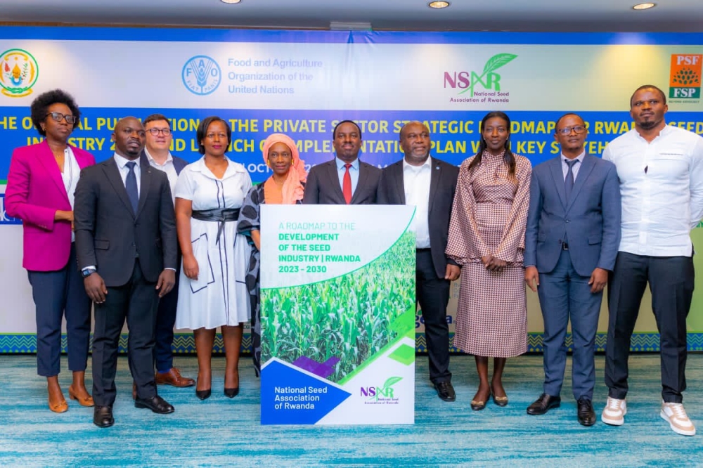 Officials poses for agroup photo during the  launch of a roadmap to strengthen partnerships in getting rid of fake seeds by 2030, on Wednesday, October 25. Courtesy