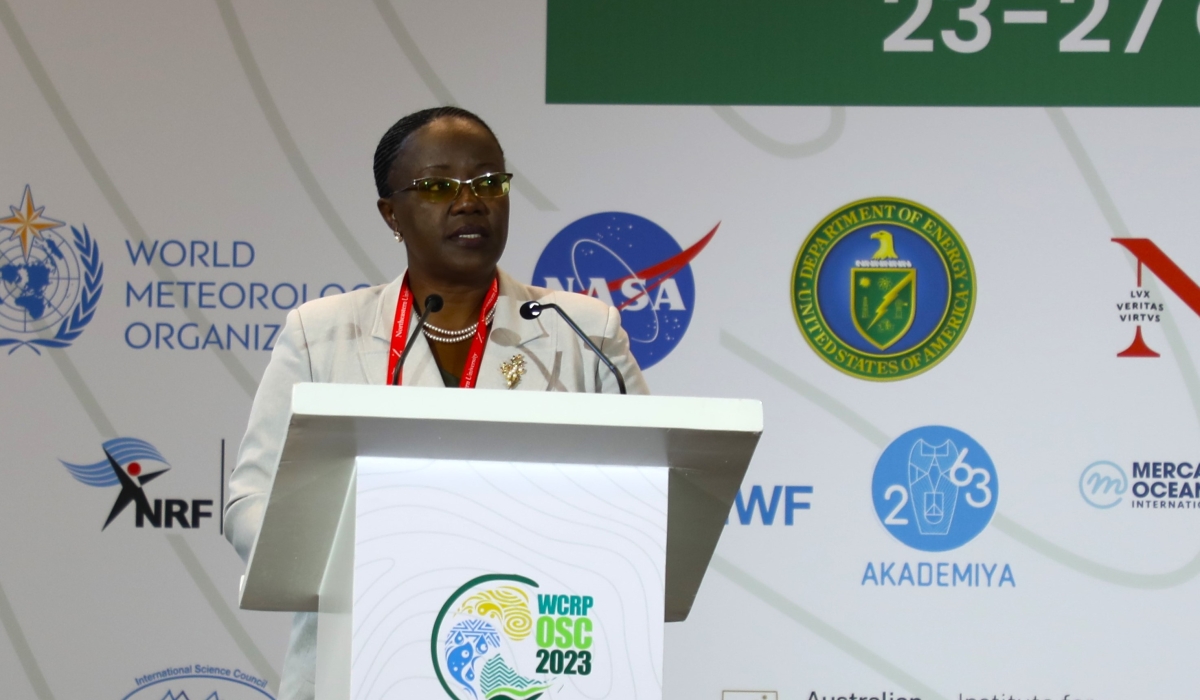 Minister of Environment, Jeanne d’Arc Mujawamariya delivers her remarks during the climate research conference in Kigali on October 27. COURTESY