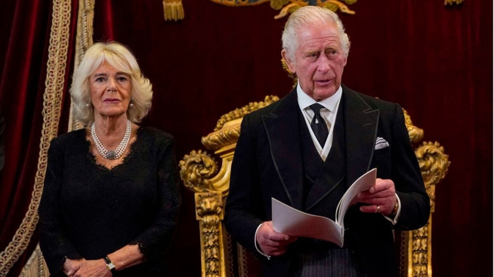 Queen Consort Camilla listens as King Charles III speaks during a meeting of the Accession Council inside St James&#039;s Palace in London, UK on September 10, 2022. PHOTO: AFP