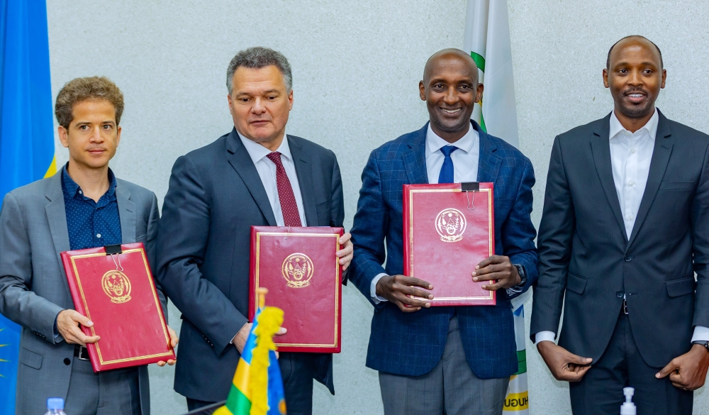  (L-R)  Arthur Germond, AFD&#039;s Director in Rwanda, French Ambassador Antoine Anfré, Richard Tusabe, Minister of State for National Treasury and Minister of Health, Dr Sabin Nsanzimana pose for a photo after signing a €75 million (over Rwf91 billion) loan agreement from French Agency for Development (AFD) to modernise Ruhengeri Referral Hospital, in Kigali on Monday, October 30. Courtesy 