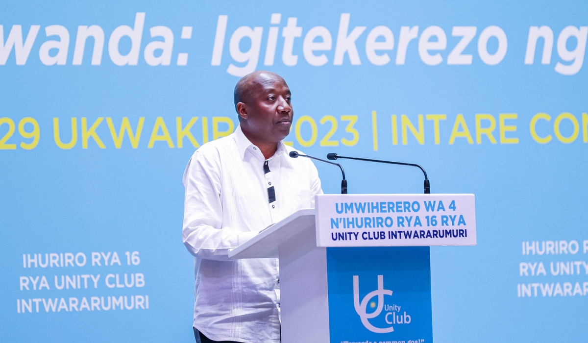 Prime Minister Edouard Ngirente addresses delegates during the 16th forum of the Unity Club on Sunday, October 29.