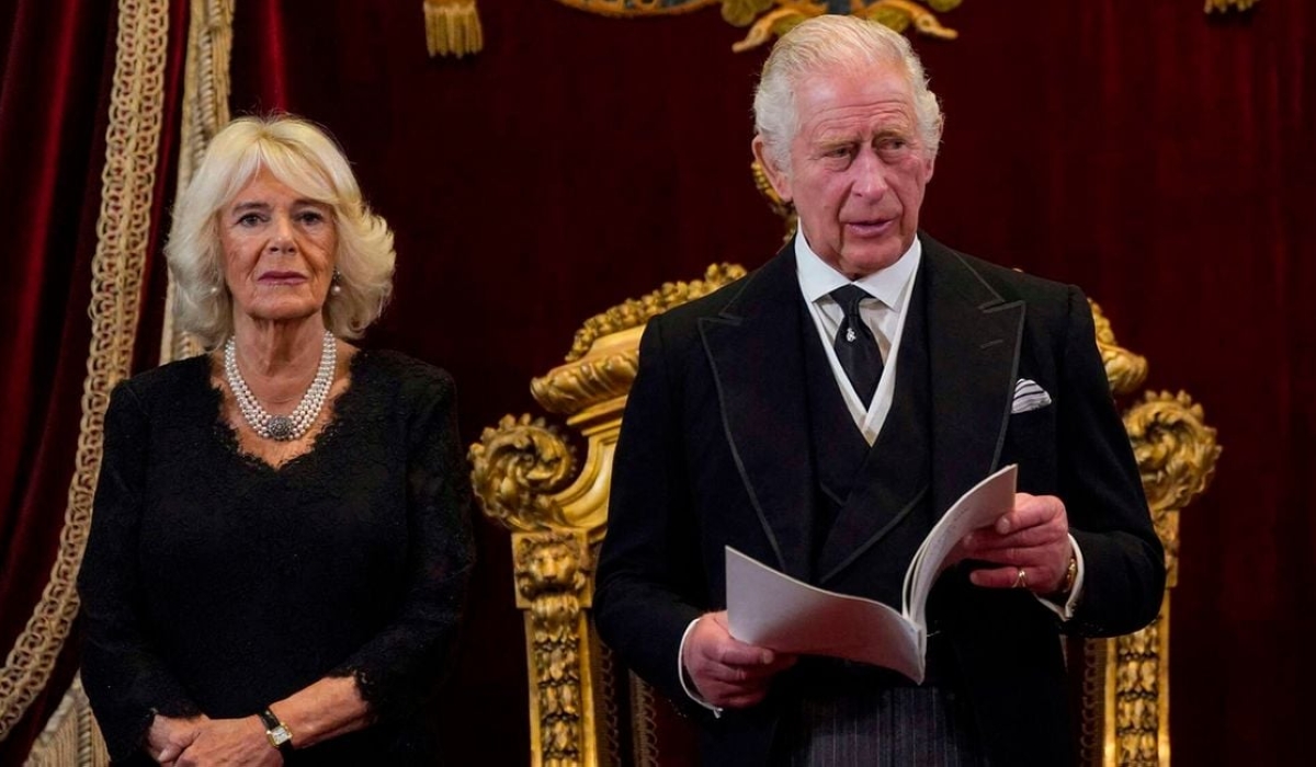Queen Consort Camilla listens as King Charles III speaks during a meeting of the Accession Council inside St James&#039;s Palace in London, UK on September 10, 2022. PHOTO: AFP