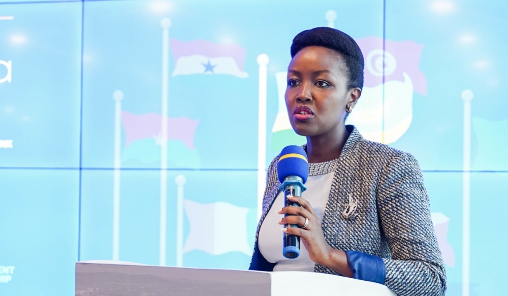 Paula Ingabire, Minister of ICT and Innovation delivers remarks during a meeting in Kigali on March 22, 2022.