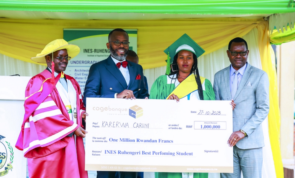 Carine Karerwa, who was the top scorer, with a Master’s Degree in Microfinance, was congratulated by Cogebanque Bank for an outstanding performance in her area of study.Courtesy