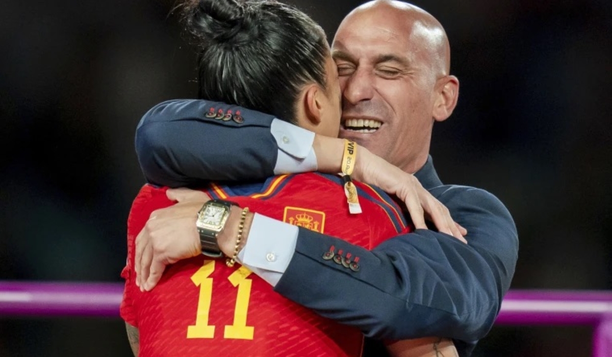 FIFA slapped ex-Spanish FA president Luis Rubiales (R) a three-year ban over kissing scandal subject to Spain Women forward Jenni Hermoso (L)-File