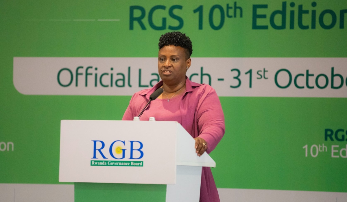 Usta Kaitesi, Chief Executive Officer of RGB delivers remarks during the presentation on Tuesday, October 31. PHOTOS BY CRAISH BAHIZI