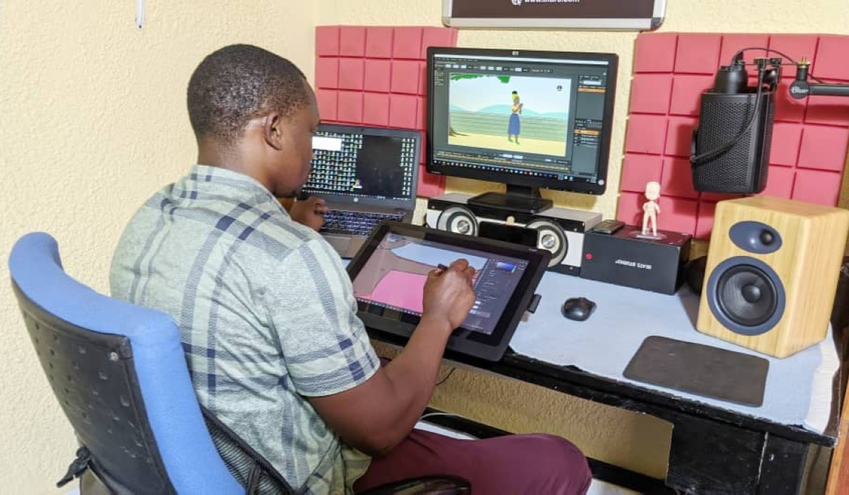 Patel Amuri  creating animations in his studio in Nyamata. He believes that artists are still in the process of learning. Courtesy photo
