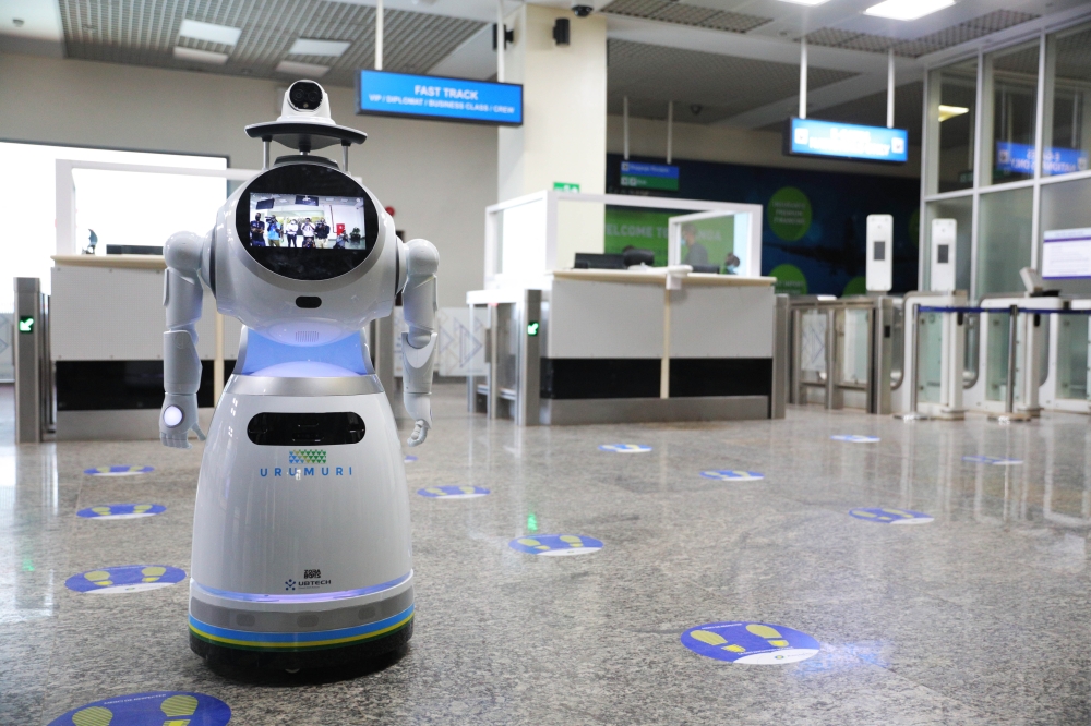 One of robots dubbed &#039;Urumuri&#039;, that was deployed to Kigali International Airport to conduct mass screening of temperature during the Covid-19 period (Sam Ngendahimana)