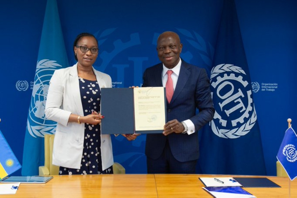 Jeannette Bayisenge, the Minister of Public Service and Labour, deposited the instrument of ratification to Gilbert F. Houngbo, the Director-General of the ILO in Geneva, Switzerland on November 1. Courtesy
