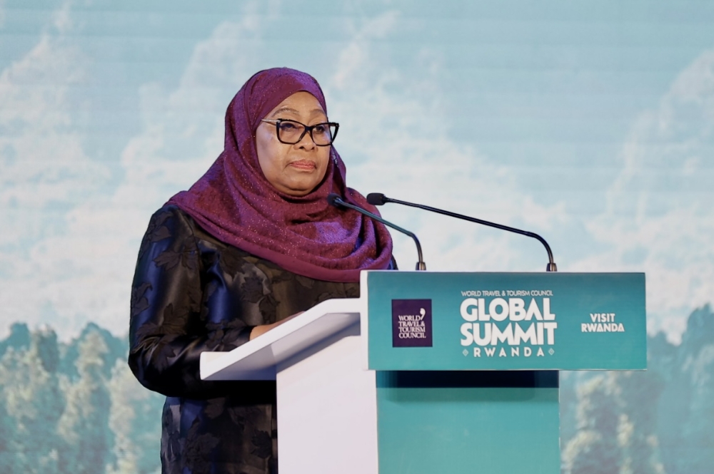 Tanzanian President Samia Suluhu Hassan delivers her key remarks during the opening ceremony of the World Travel and Tourism Council (WTTC) on November 2.
