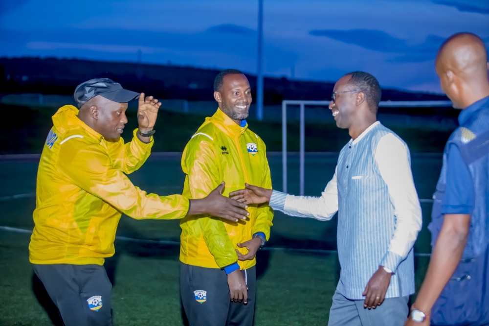 FERWAFA president Alphonse Munyantwali greets U15 coaches at a a training session ahead  the 2023 CECAFA U15 Championship which is due in Uganda from November 4-18.