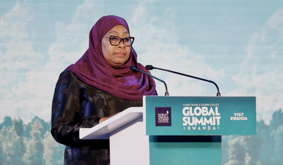 Tanzanian President Samia Suluhu Hassan delivers her key remarks during the opening ceremony of the World Travel and Tourism Council (WTTC) on November 2.