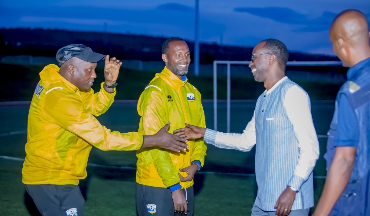FERWAFA president Alphonse Munyantwali greets U15 coaches at a a training session ahead  the 2023 CECAFA U15 Championship which is due in Uganda from November 4-18.