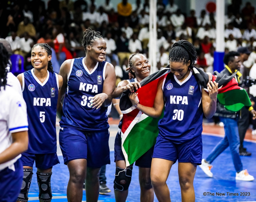 KPA players celebrate the victory after being crowned the 2023 FIBA Zone V Women’s Champion as they stun APR BBC 87- 53. Dan Gatsinzi