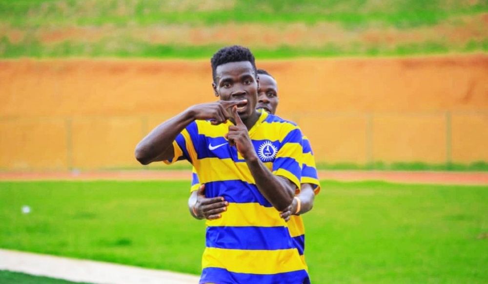 Sunrise FC striker Yafesi Mubiru is in jubilant mood after his match winner against AS Kigali brought his eight-game goal drought to an end. COURTESY