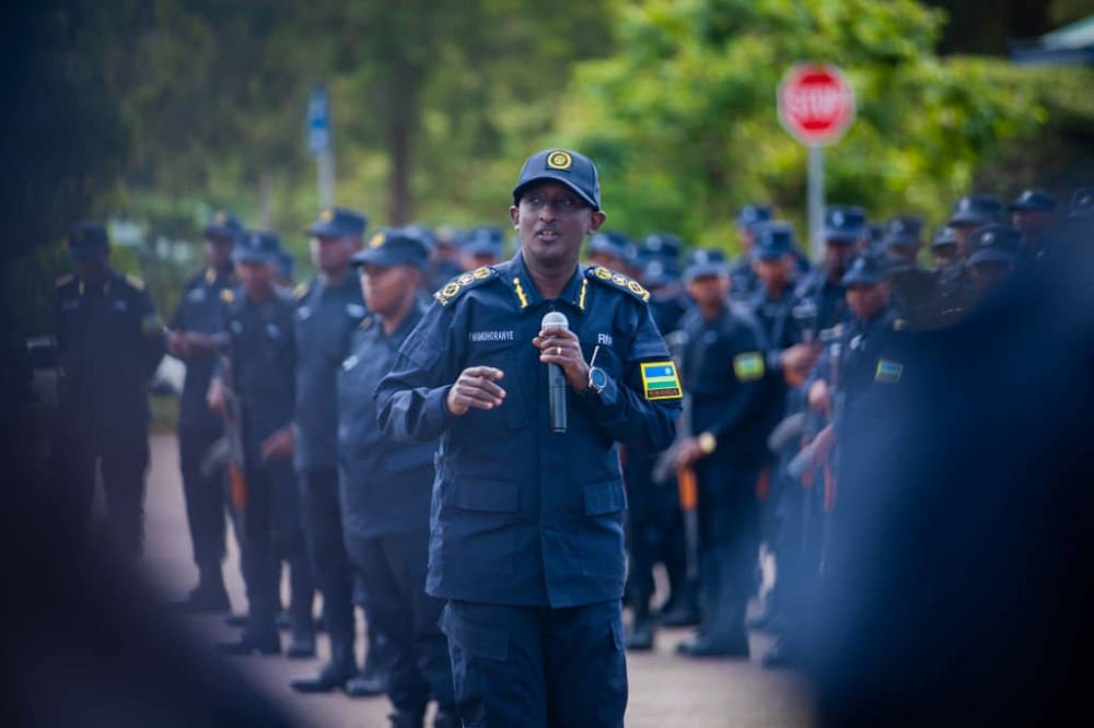 Inspector General of Police Felix Namuhoranye briefing the  two Formed Police Unit contingents on Monday, November 6, 2023. Courtesy of  RNP.
