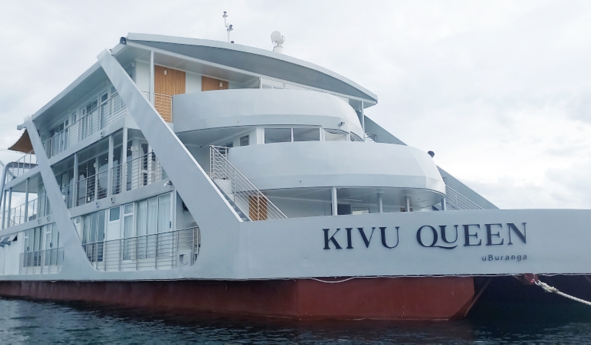A view of the newly completed "Mantis Kivu Queen uBuranga", Rwanda’s first luxury floating hotel that is expected to get operational and serve clients by early December. The  uBuranga boasts 10 modern cabins, a swimming pool, a dining salon, a bar, and a viewing deck that allows tourists to explore some of Rwanda’s desirable sceneries. Courtesy