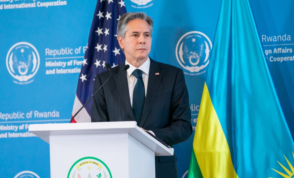 The US Secretary of State, Antony J. Blinken addresses the media during a joint news conference with Minister Vincent Biruta in Kigali on August 11, 2022. Photo by Olivier Mugwiza