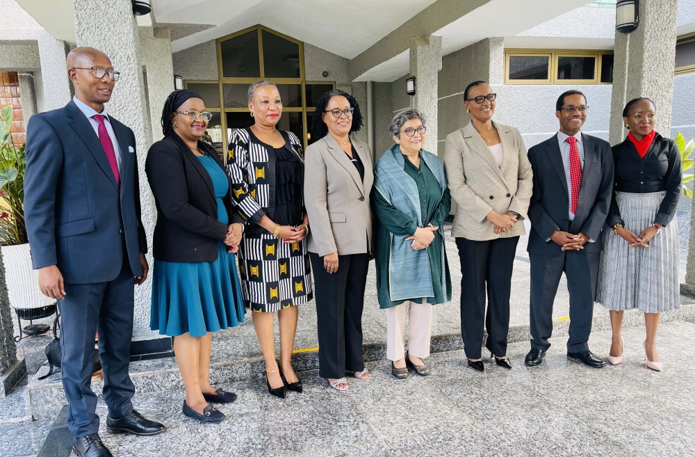 Officials including Speaker Donatille Mukabalisa (third R), and Rabab Fatima, the UN Under Secretary-General and High Representative (fourth R) pose for a group photo in Kigali, on November 9, 2023 (Emmanuel Ntirenganya)