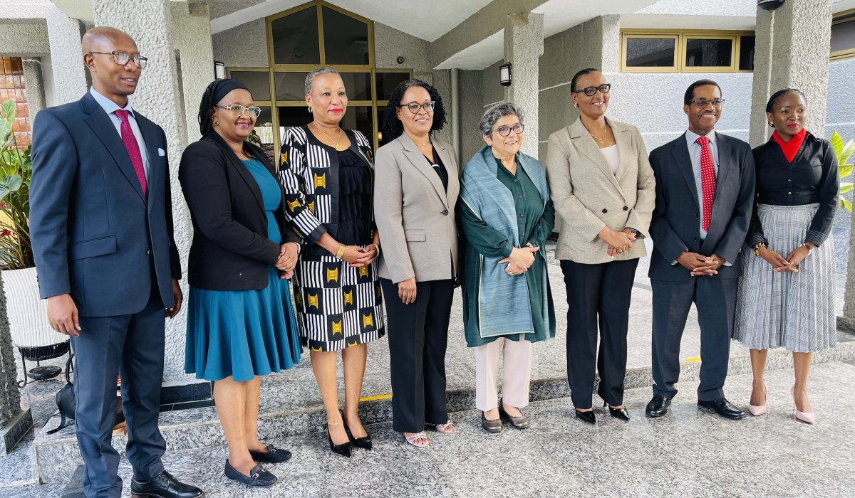 Officials including Speaker Donatille Mukabalisa (third R), and Rabab Fatima, the UN Under Secretary-General and High Representative (fourth R) pose for a group photo in Kigali, on November 9, 2023 (Emmanuel Ntirenganya)