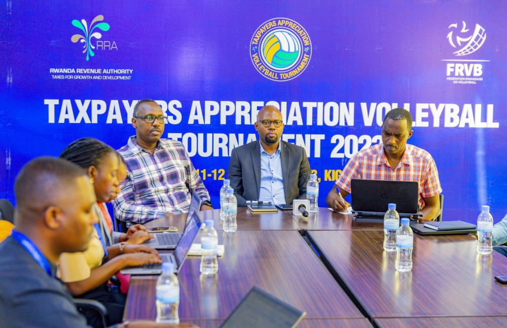 Officials  address media during a press conference. The annual volleyball competition is co-organized by Rwanda Revenue Authority (RRA) and Rwanda Volleyball Federation (FRVB) as an occasion to celebrate the Taxpayers appreciation.