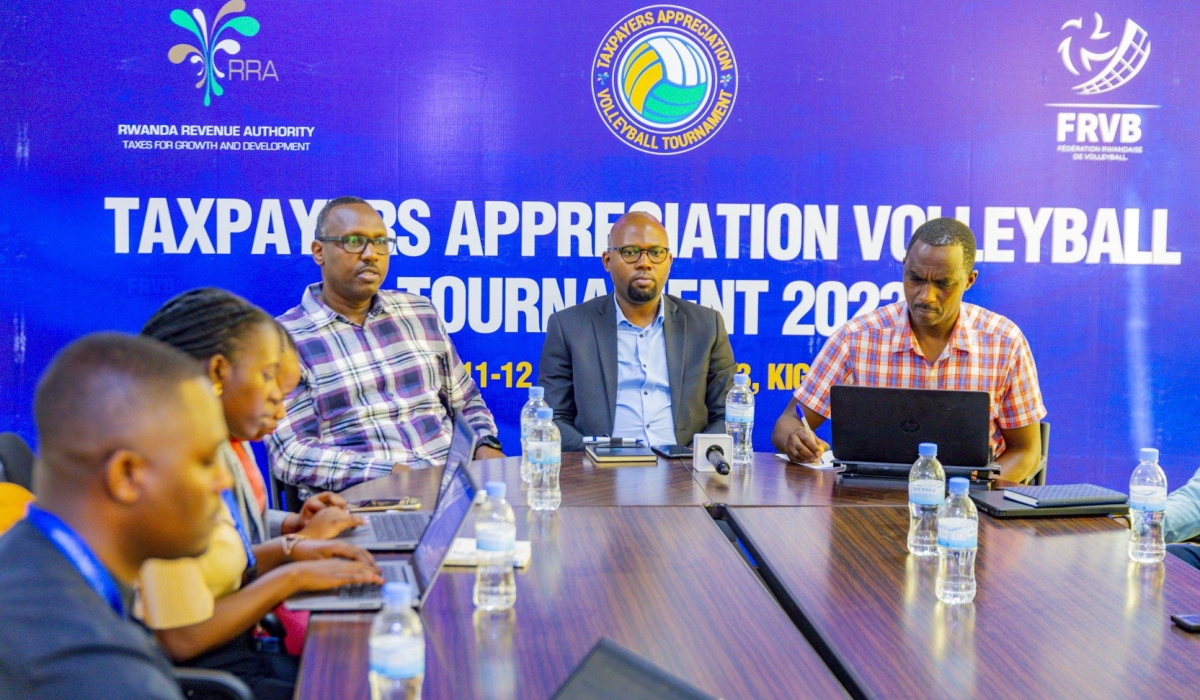 Officials  address media during a press conference. The annual volleyball competition is co-organized by Rwanda Revenue Authority (RRA) and Rwanda Volleyball Federation (FRVB) as an occasion to celebrate the Taxpayers appreciation.
