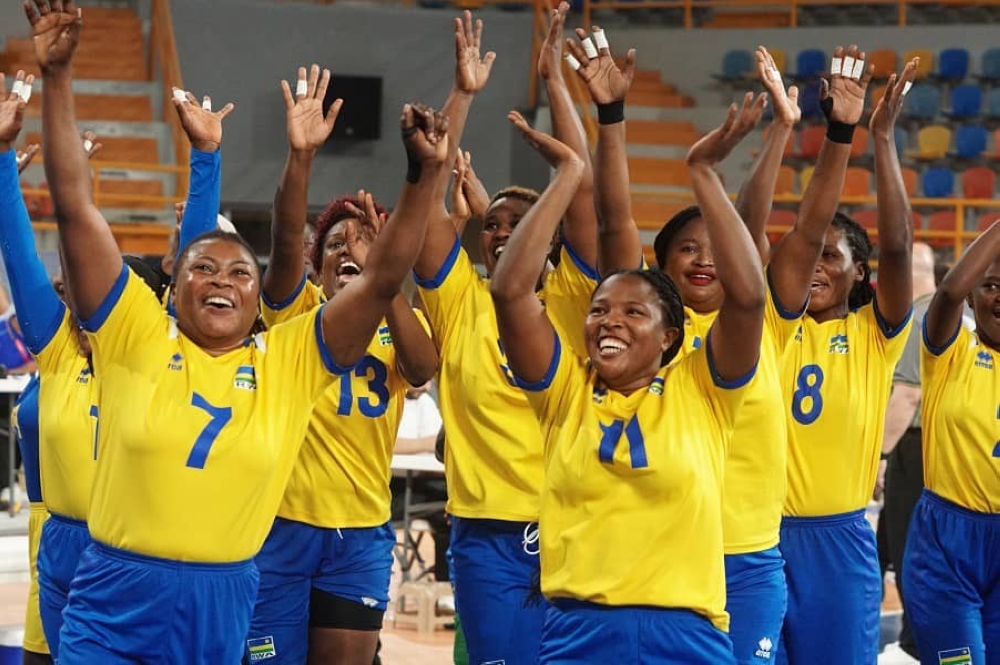 Rwanda women sitting volleyball celebrate after beating Egypt 3-0 at   the ongoing 2023 World ParaVolley Sitting Volleyball World Cup on Monday.Courtesy