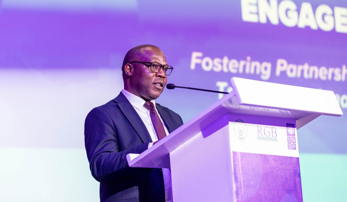 Minister for Local Government Jean-Claude Musabyimana delivers remarks during  a stakeholders engagement meeting  on Monday, November 13. All Photos by Dan Gatsinzi