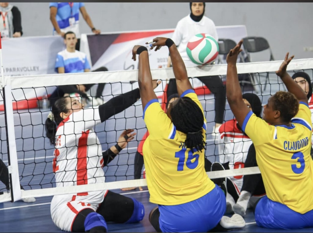 Rwanda sitting volleyball women during the game against Egypt. The team will face Brazil in the quarterfinals of the 2023 World ParaVolley Sitting Volleyball World Cup. Courtesy