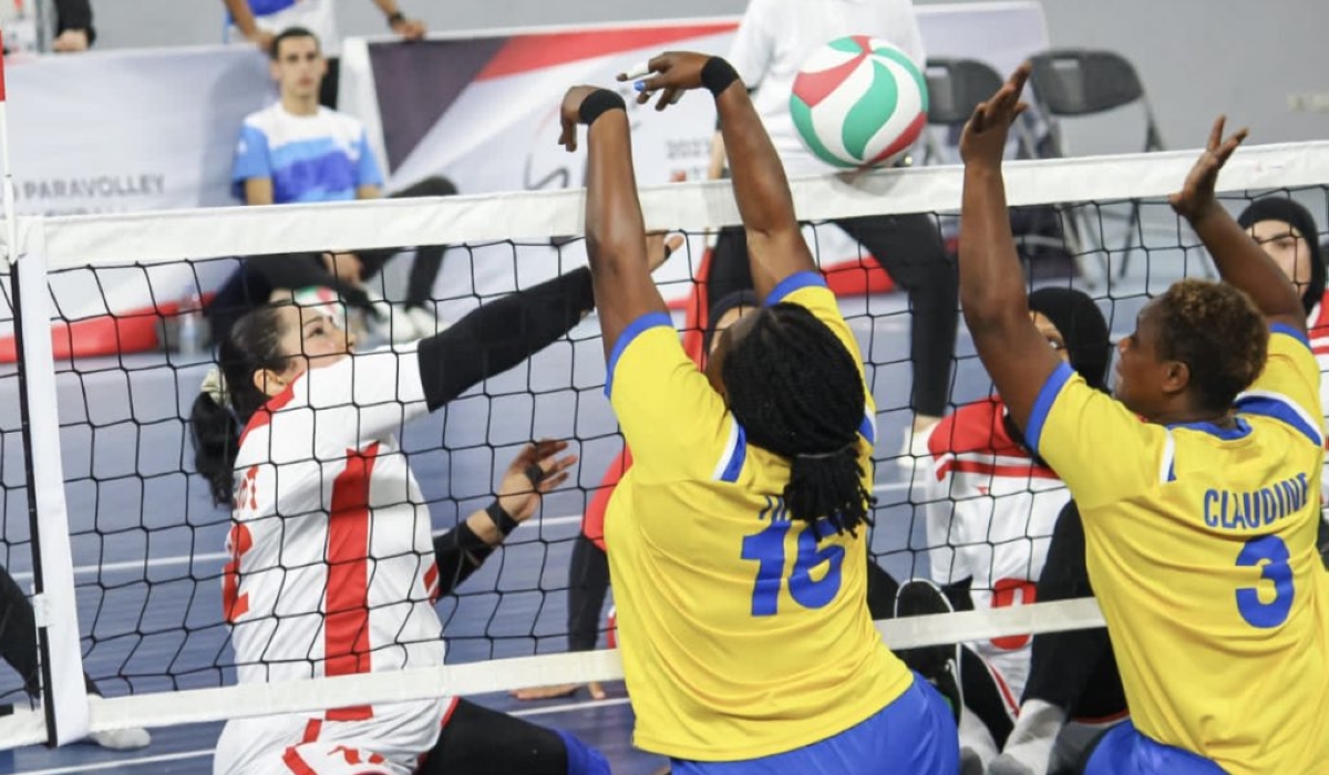 Rwanda sitting volleyball women during the game against Egypt. The team will face Brazil in the quarterfinals of the 2023 World ParaVolley Sitting Volleyball World Cup. Courtesy