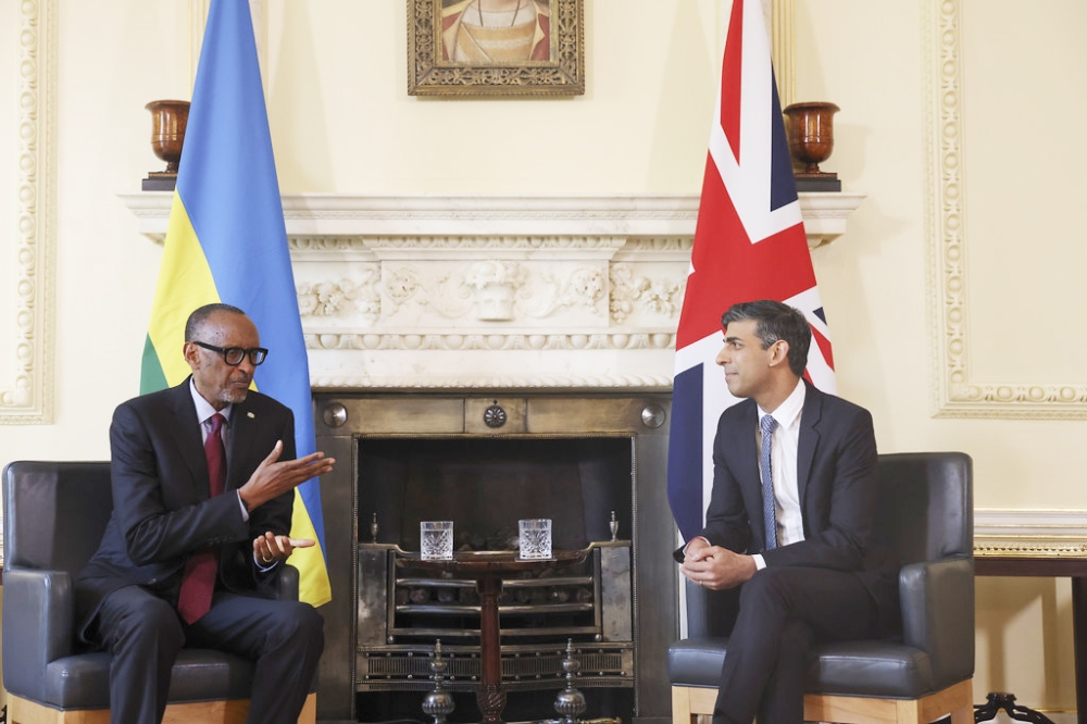 President Kagame meets with UK Prime Minister Rishi Sunak on May 4, 2023.  UK Premier, on Wednesday, November 15, revealed that the United Kingdom has been working on a new mitigation treaty with Rwanda and will finalise it in light of its Supreme Court’s decision to declare the 2022 Migration and Economic Development Partnership “unlawful.” Courtesy
