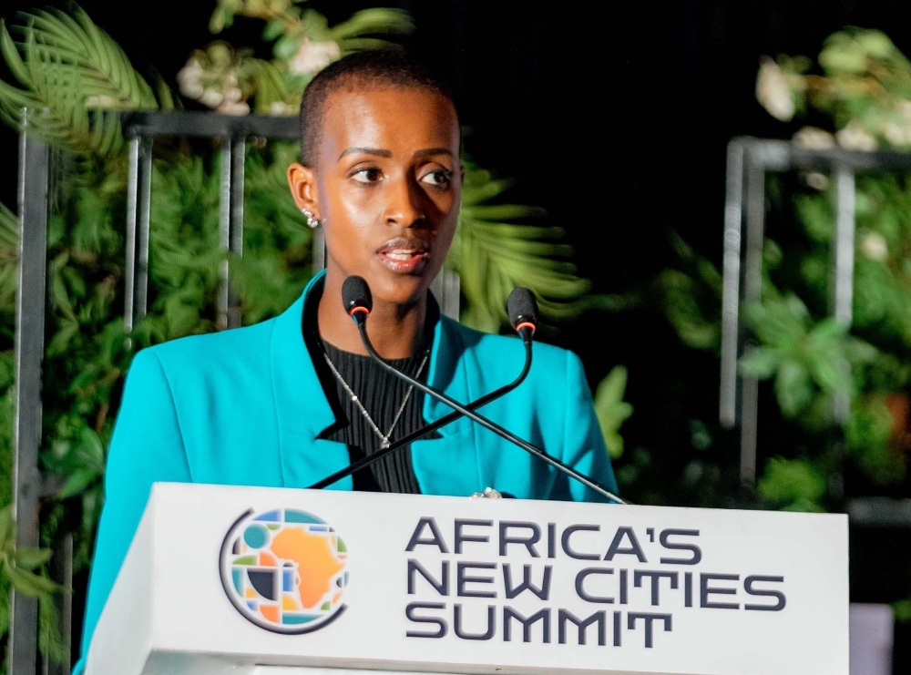 Rwanda Development Board Deputy CEO  Nelly Mukazayire delivers remarks during the  Africa’s New Cities Summit  in Kigali on, Thursday, November 16. Courtesy