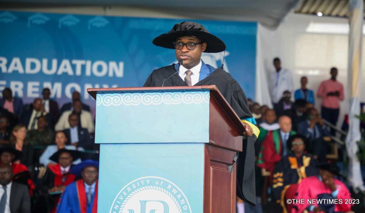 Gaspard Twagirayezu, the Minister of Education delivers remarks as he presides over  the UR’s 9th graduation ceremony  on November 17, at Ubworoherane stadium, Musanze district. All photo by Craish BAHIZI