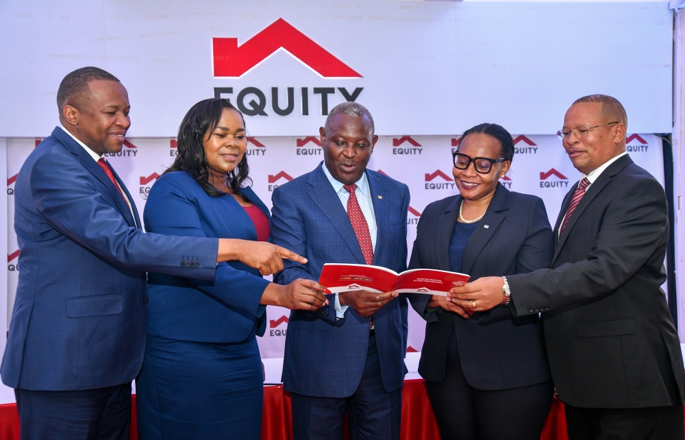 L-R: EquityBCDC Managing Director, Celestin Muntuabu; Equity Life Assurance (Kenya) Limited Managing Director, Angela Okinda; Equity Group Managing Director and CEO, Dr. James Mwangi; Equity Bank Tanzania Managing Director, Isabella Maganga; and Equity Bank Kenya Managing Director, Gerald Warui during the Q3 2023 Investor Briefing event.